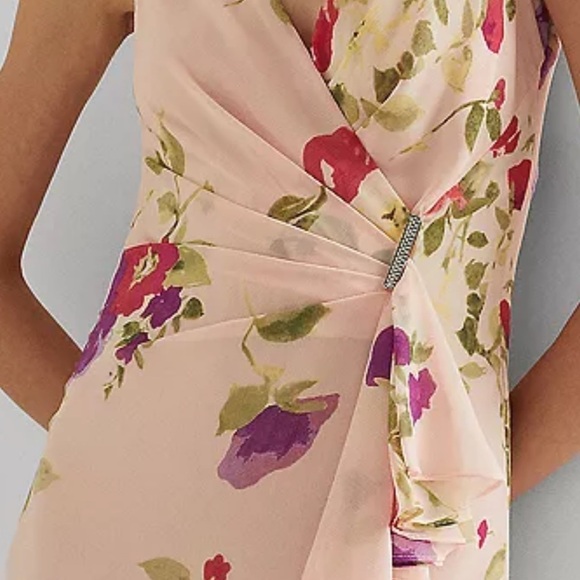Lauren Ralph Lauren Pink Floral Georgette Gown Gathered Gem Waist Size 2 - Picture 5 of 12